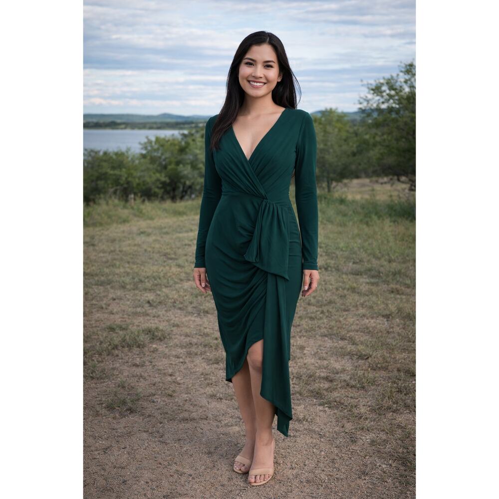 Lulus Forrest Green Long Sleeve Wrap Dress Ruched Asymmetrical Hem‎ XS